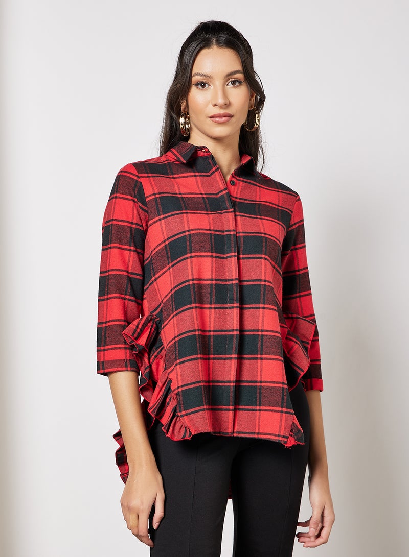 Plaid Print Ruffle Detail Shirt Black/Red - v1637135465/N48068089V_1