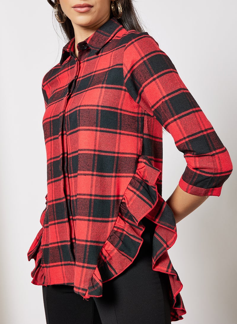 Plaid Print Ruffle Detail Shirt Black/Red - v1637135465/N48068089V_4