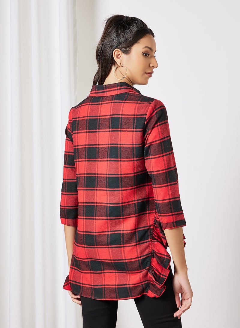 Plaid Print Ruffle Detail Shirt Black/Red - v1637135466/N48068089V_3