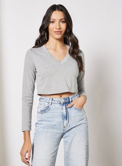 LABEL RAIL V-Neck Cropped T-Shirt Grey  - Image 1