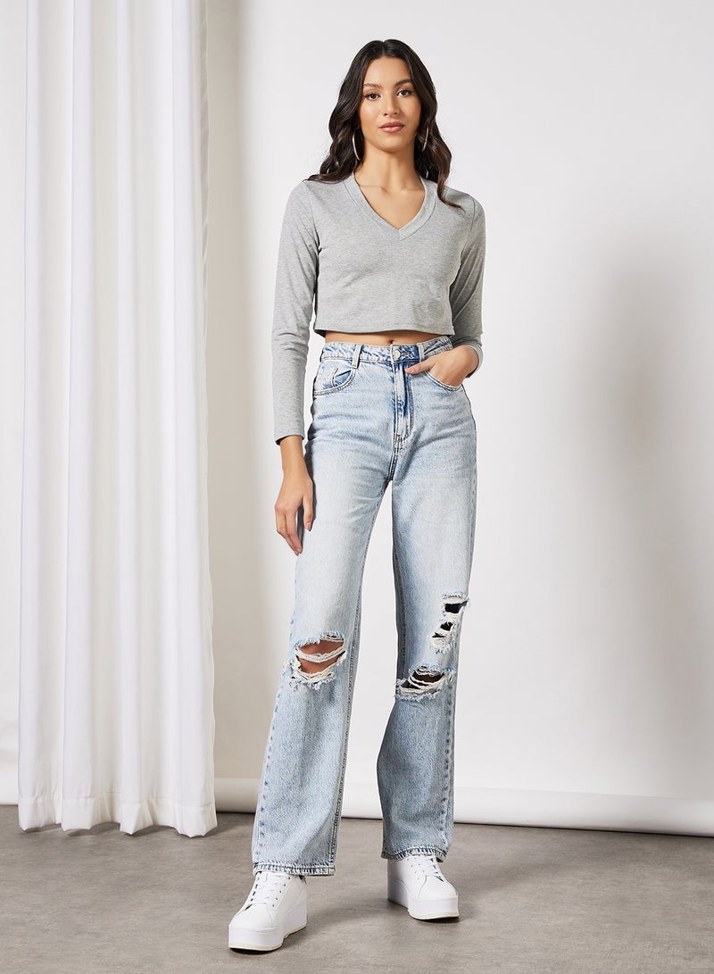 LABEL RAIL - V-Neck Cropped T-Shirt Grey - Image 1