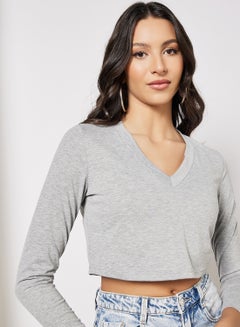 LABEL RAIL V-Neck Cropped T-Shirt Grey  - Image 3