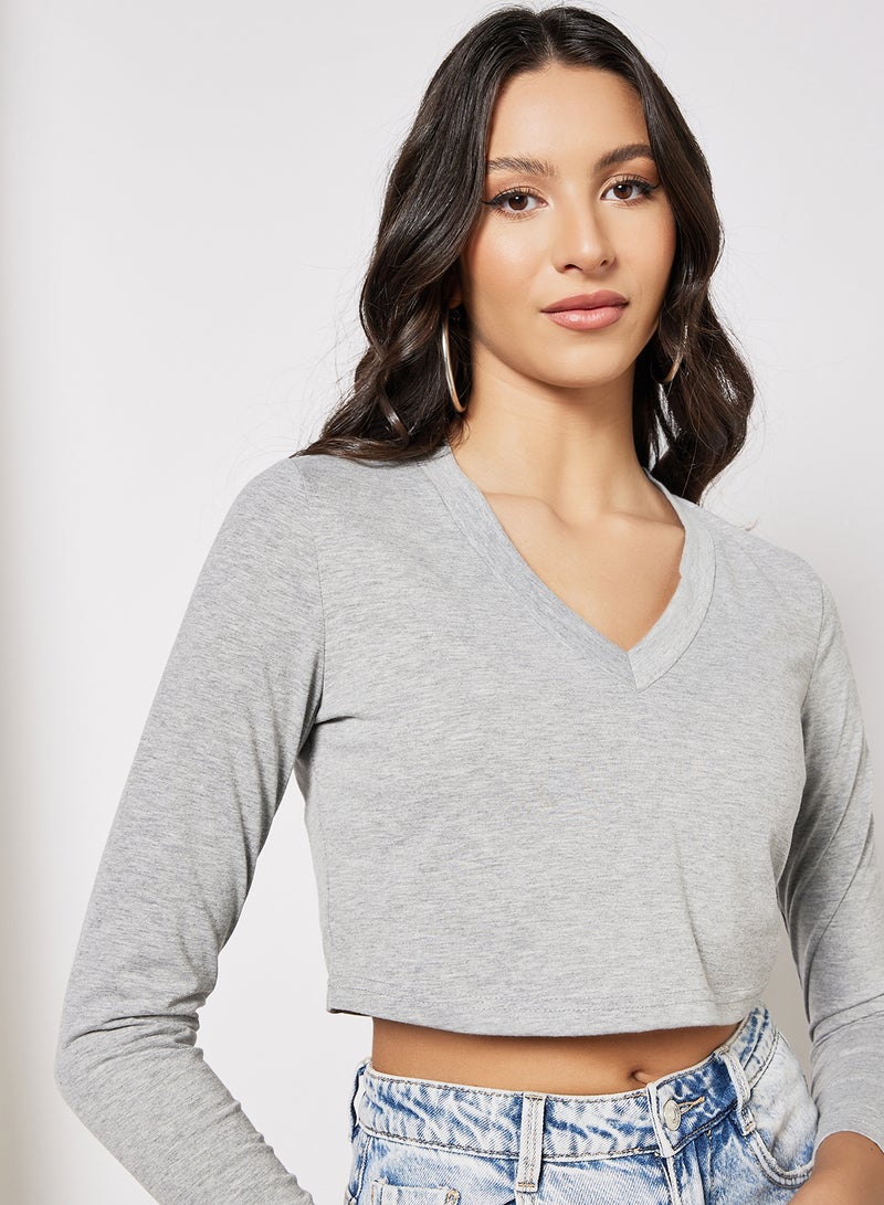 LABEL RAIL - V-Neck Cropped T-Shirt Grey - Image 1