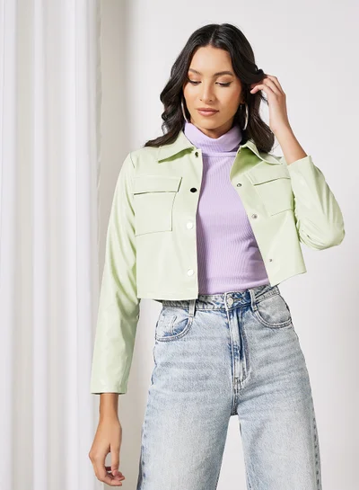 LABEL RAIL Faux Leather Crop Jacket Green