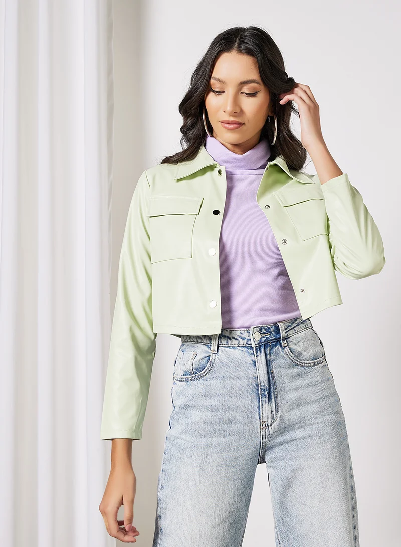 LABEL RAIL Faux Leather Crop Jacket Green