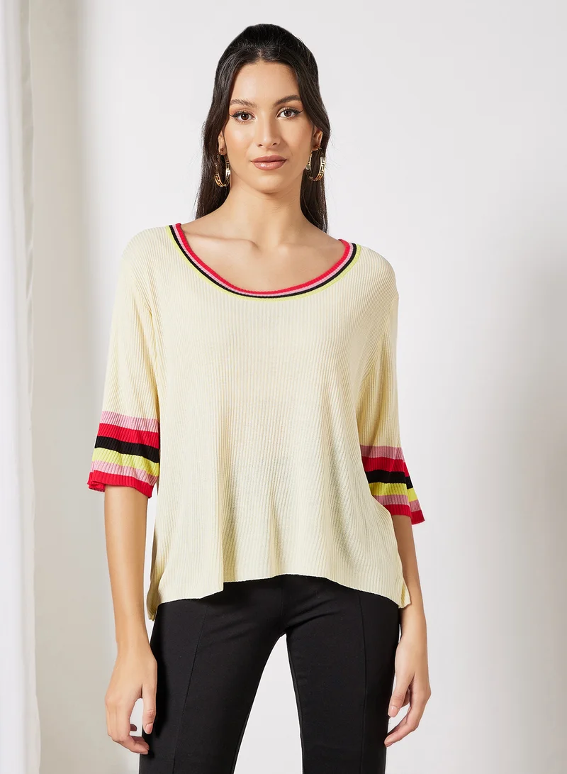 LABEL RAIL Stripe Trim Sweater Beige