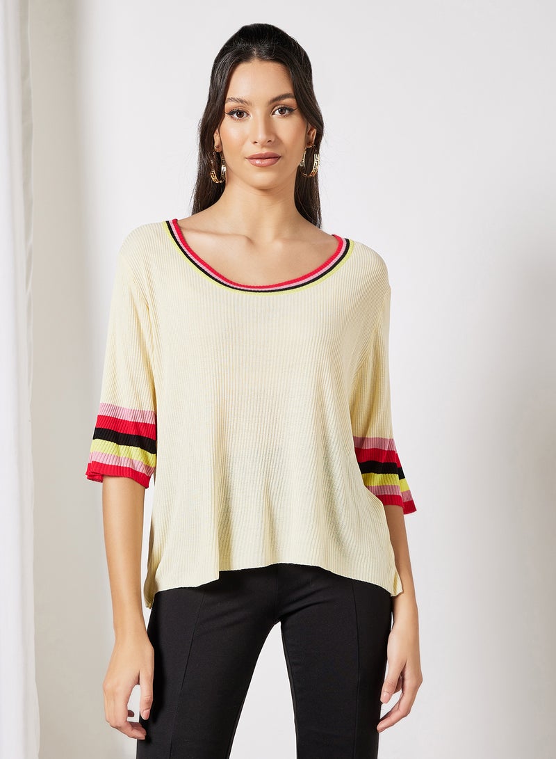 LABEL RAIL - Stripe Trim Sweater Beige - Image 1