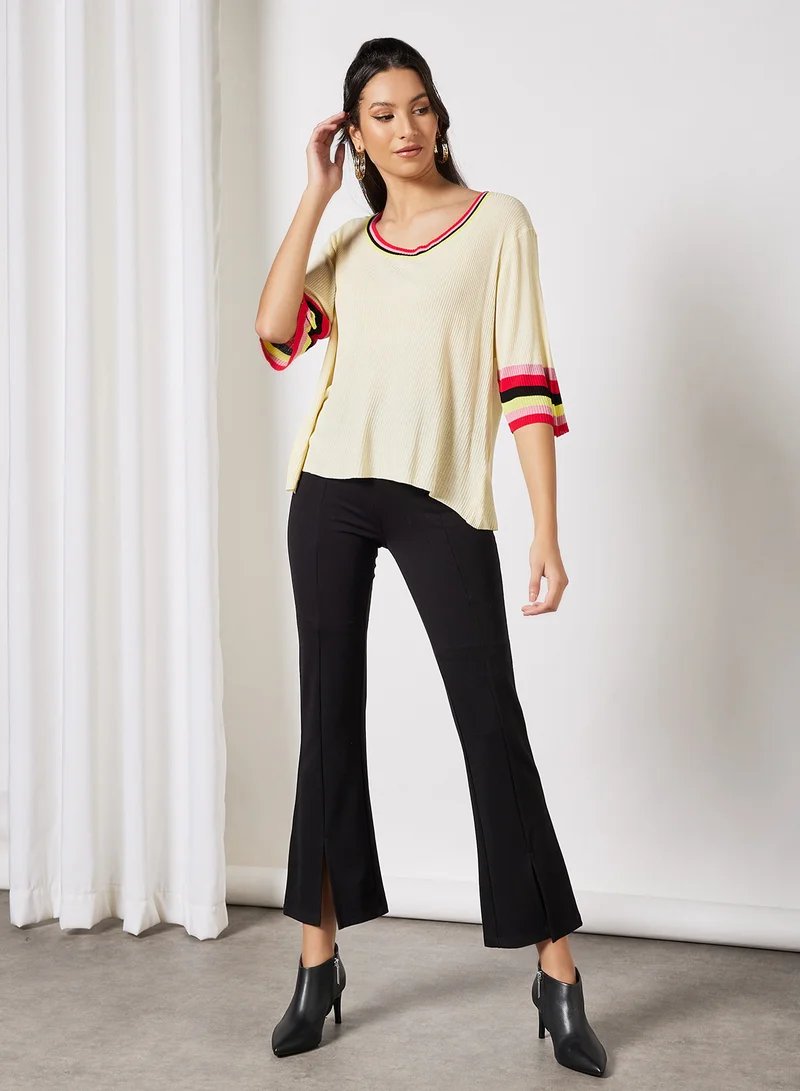 LABEL RAIL Stripe Trim Sweater Beige