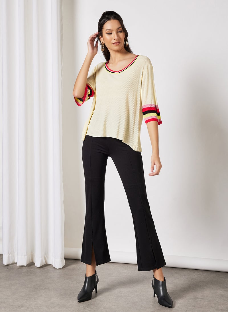 LABEL RAIL - Stripe Trim Sweater Beige - Image 1