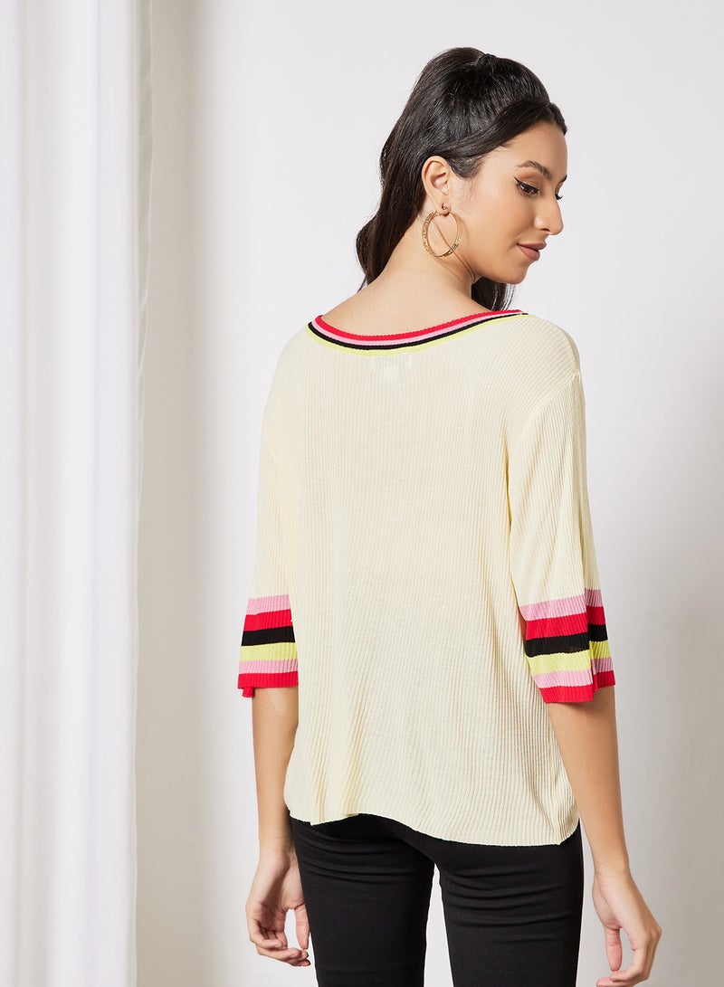 LABEL RAIL - Stripe Trim Sweater Beige - Image 1