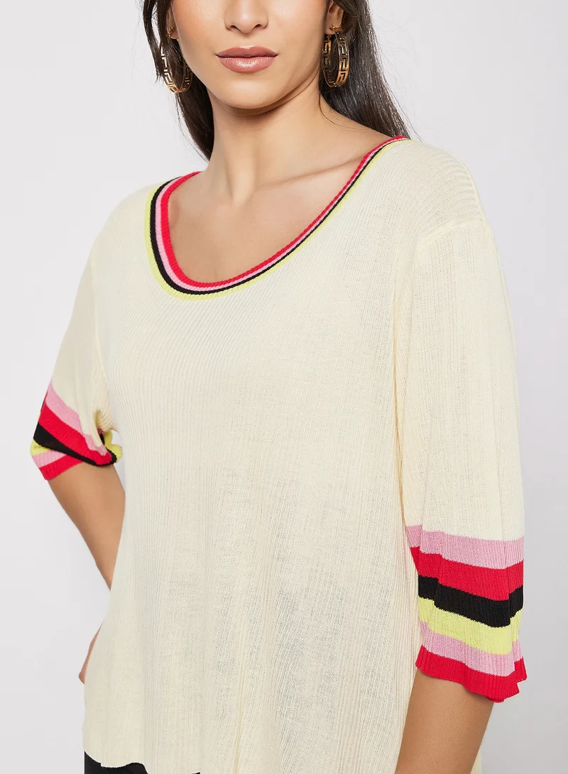 LABEL RAIL Stripe Trim Sweater Beige