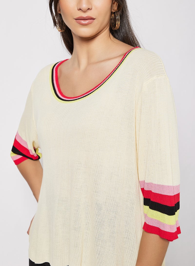 LABEL RAIL - Stripe Trim Sweater Beige - Image 1