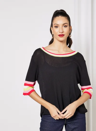 LABEL RAIL Stripe Trim Sweater Black