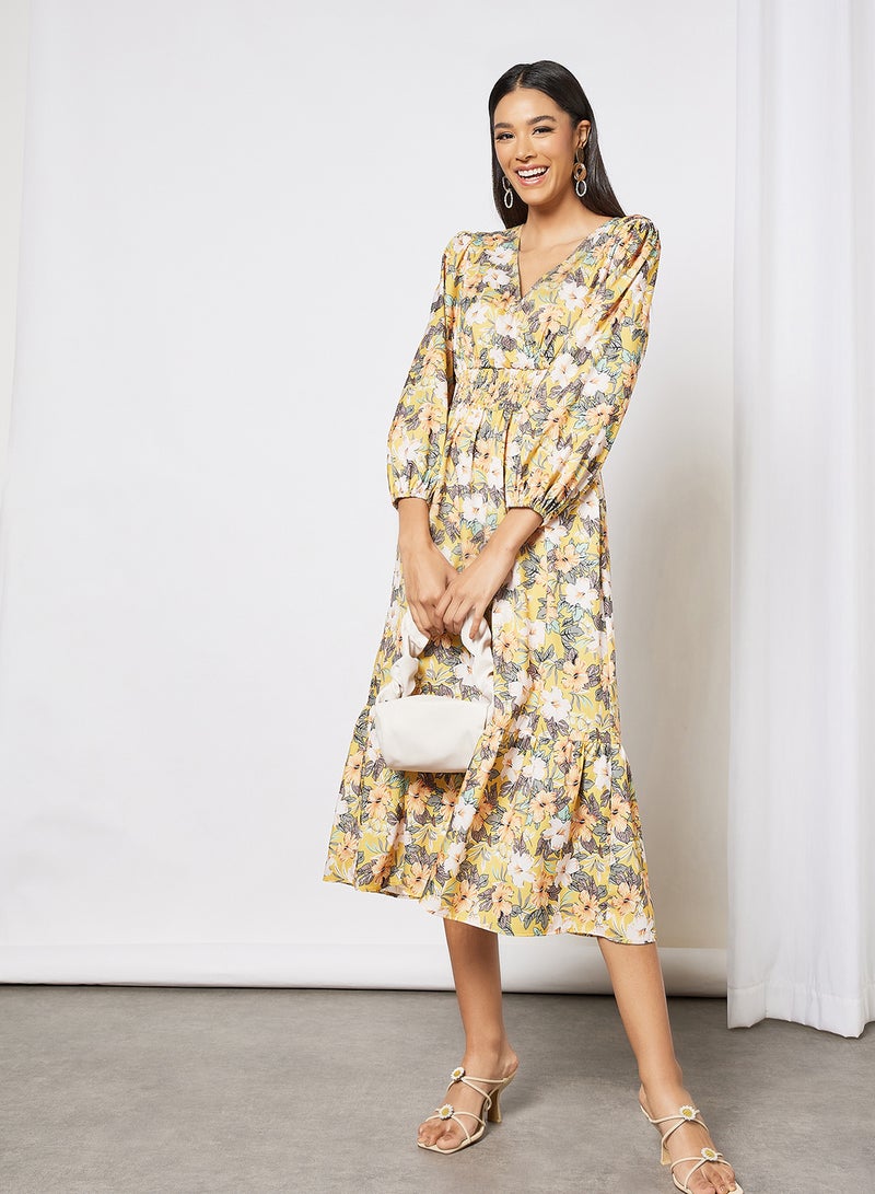 LABEL RAIL - Floral Print V-Neck Dress Yellow - Image 1