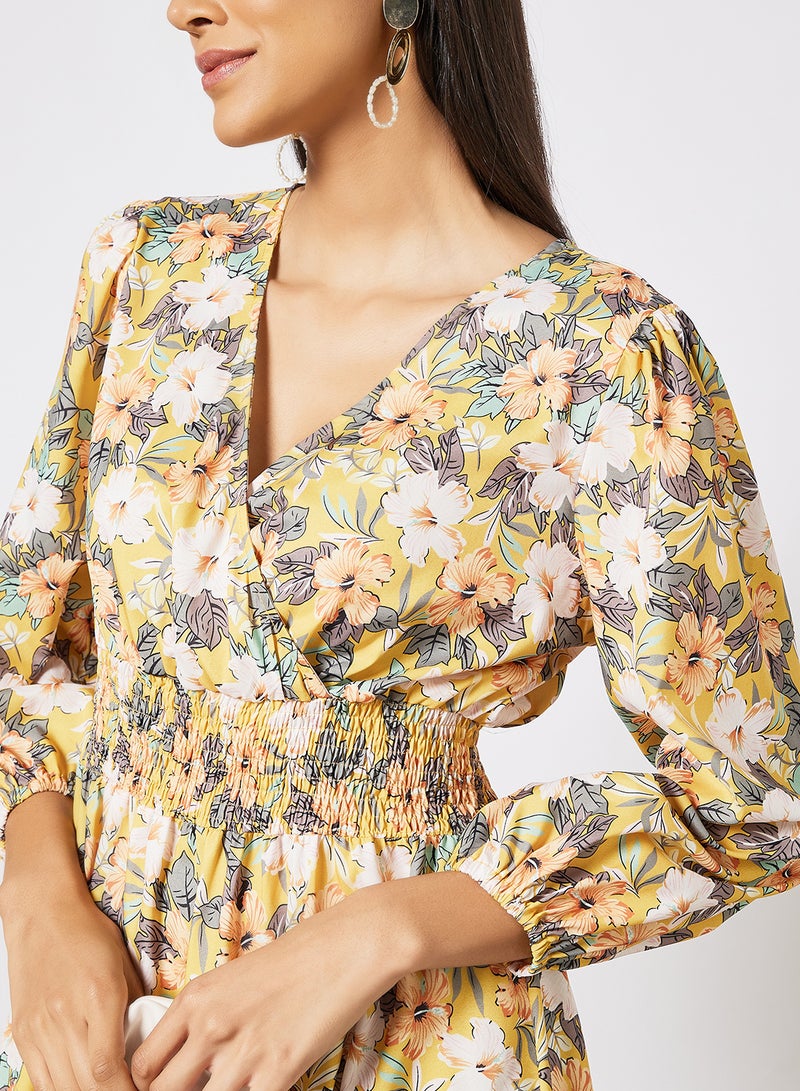 LABEL RAIL - Floral Print V-Neck Dress Yellow - Image 1