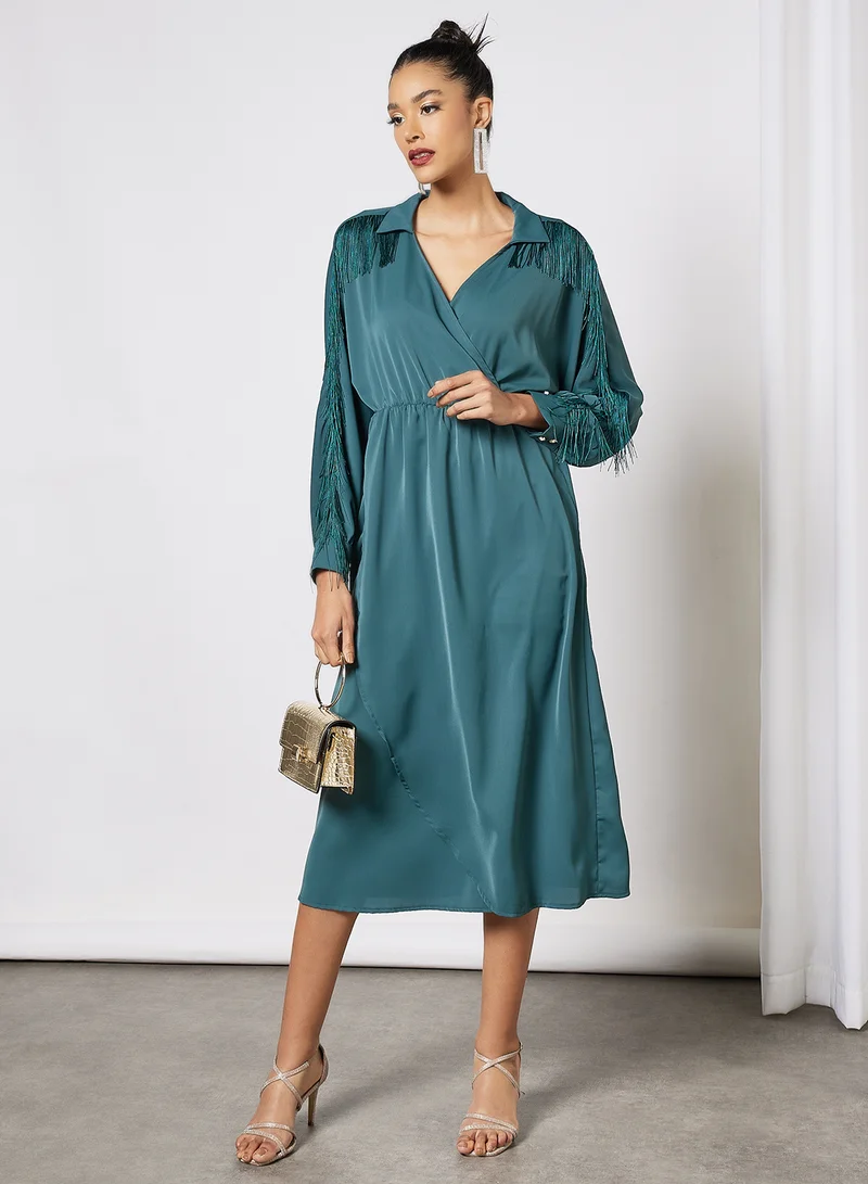LABEL RAIL Fringe Detail Midi Dress Green