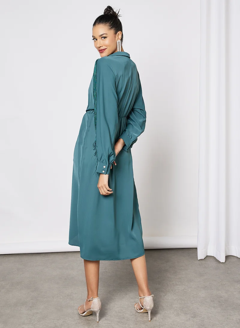 LABEL RAIL Fringe Detail Midi Dress Green