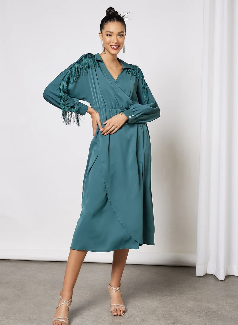 LABEL RAIL Fringe Detail Midi Dress Green