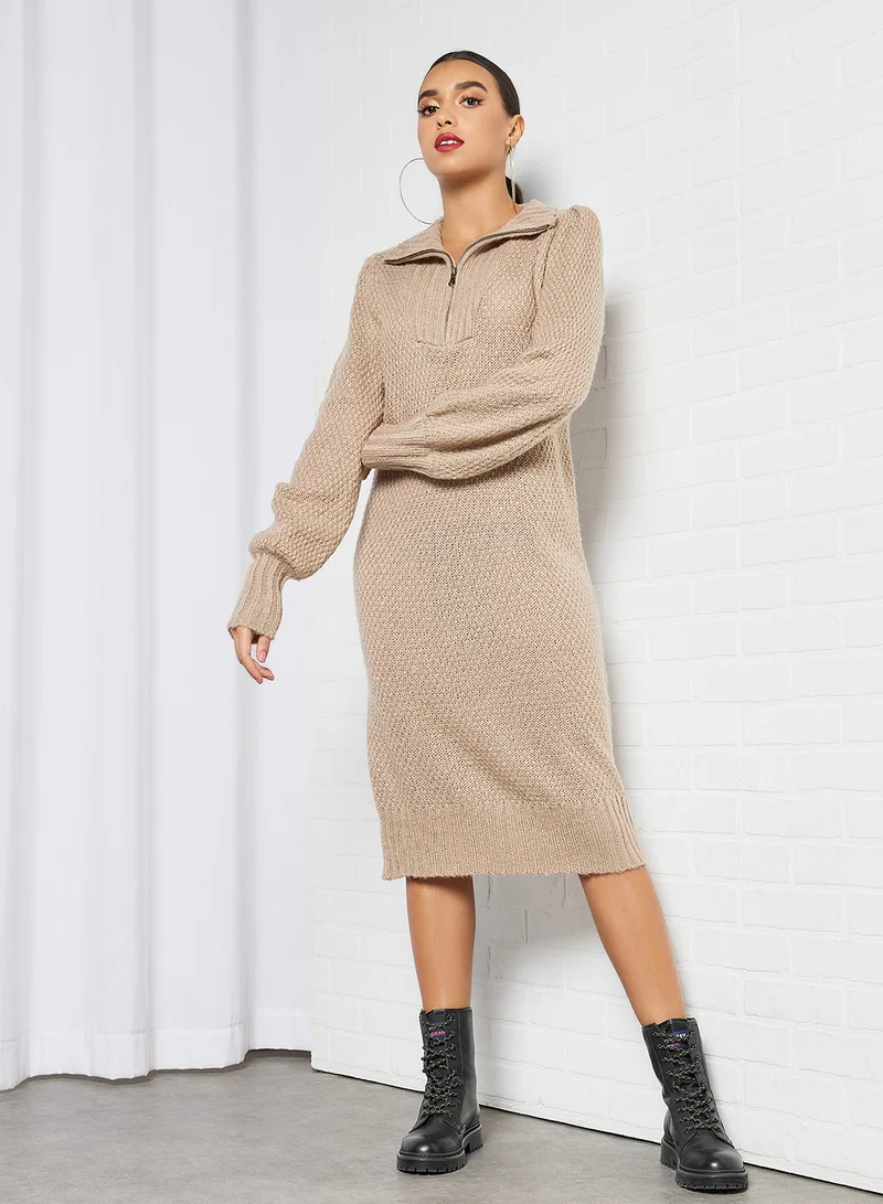 PIECES Half-Zip Knitted Dress Brown