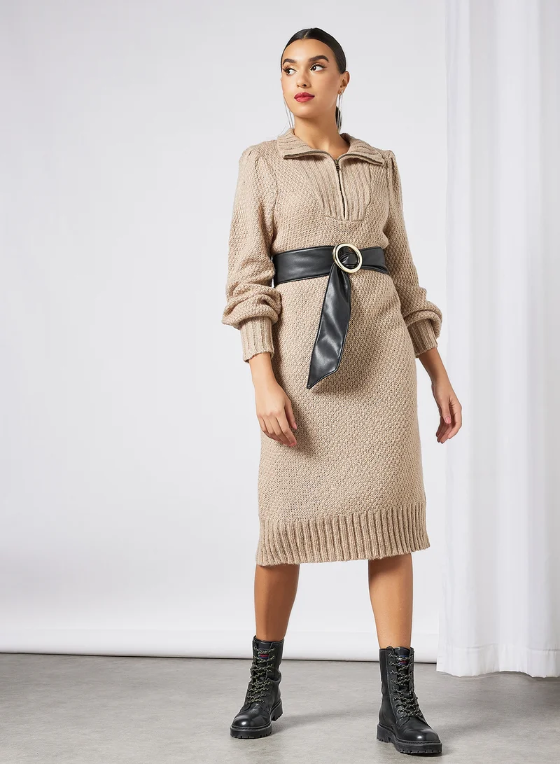 PIECES Half-Zip Knitted Dress Brown
