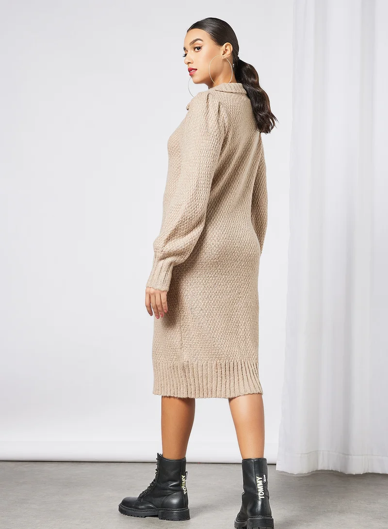PIECES Half-Zip Knitted Dress Brown