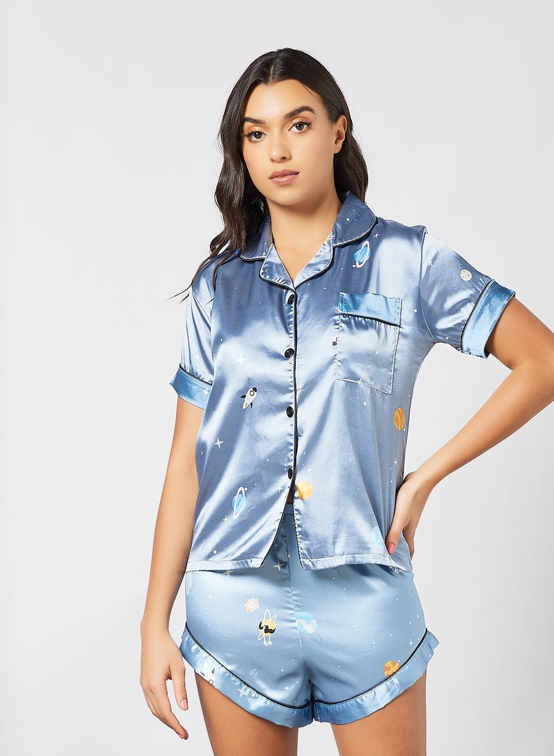 STYLISTPARK - Satin Top and Shorts Set Blue - Image 1