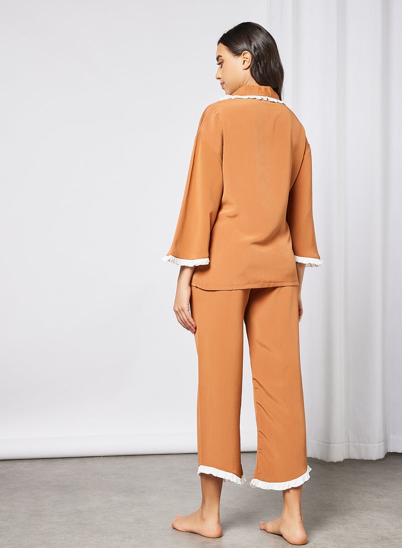 STYLISTPARK Contrast Trim Top and Pants Set Brown  - Image 3
