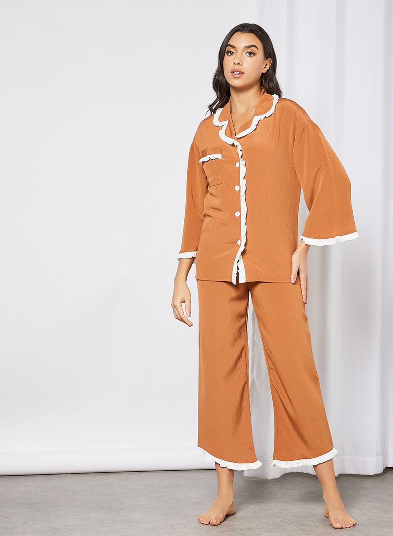 STYLISTPARK Contrast Trim Top and Pants Set Brown  - Image 1