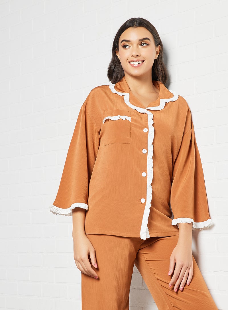 STYLISTPARK Contrast Trim Top and Pants Set Brown  - Image 2