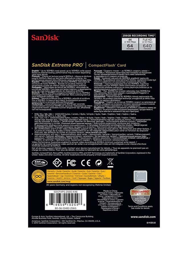 Sandisk 256 GB Extreme PRO Read Speed 160 MBps Write Speed 90 MBps VPG 65, UDMA 7, SDCFXPS-256G-X46 256 GB  - Image 4