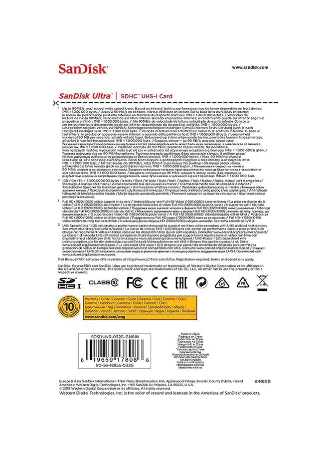 Sandisk - Ultra Class 10 SDHC UHS-I Memory Card Upto 90MB/s - Image 1