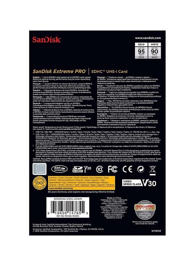 Sandisk - Extreme PRO SDHC Memory Card up to 95MB/s, UHS-I, Class 10, U3, V30 32 GB - Image 1