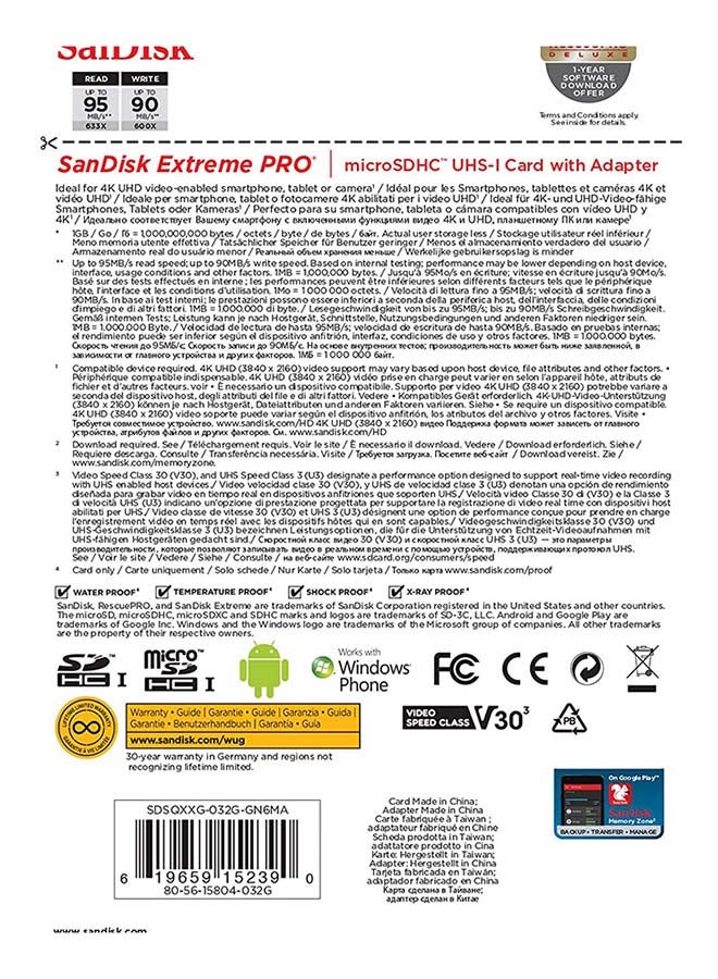 Sandisk - Extreme PRO microSDHC + SD Adapter + RescuePRO Deluxe 100MB/s A1 C10 V30 UHS-I U3 32 GB 32 GB - Image 1