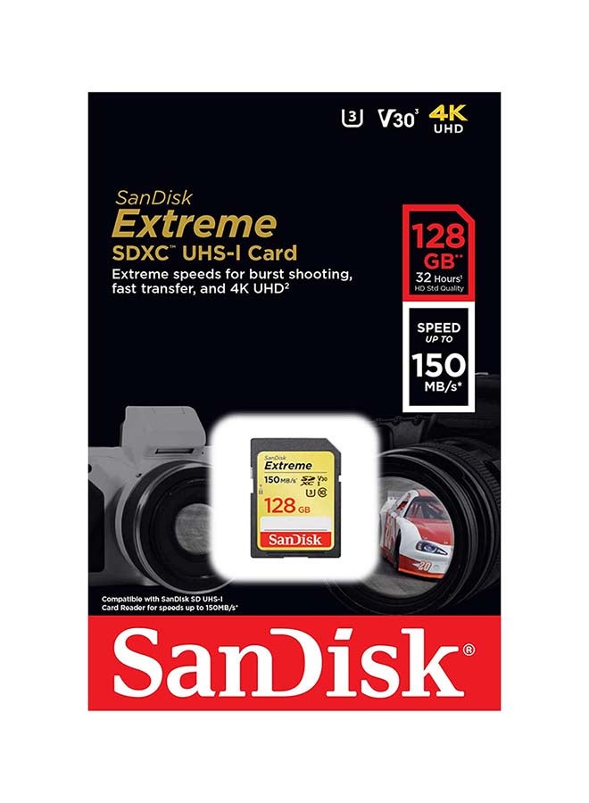 Sandisk - Extreme SDXC Memory Card up to 150MB/s, UHS-I, Class 10, U3, V30 128 GB - Image 1