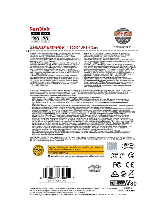 Sandisk - Extreme SDXC Memory Card up to 150MB/s, UHS-I, Class 10, U3, V30 128 GB - Image 1