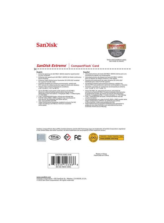 Sandisk - 128 GB Extreme Compact flash Memory Card write speeds of up to 85MB/s and read speeds of up to 120MB/s UDMA7, SDCFXSB-128G-G46 128 GB - Image 1