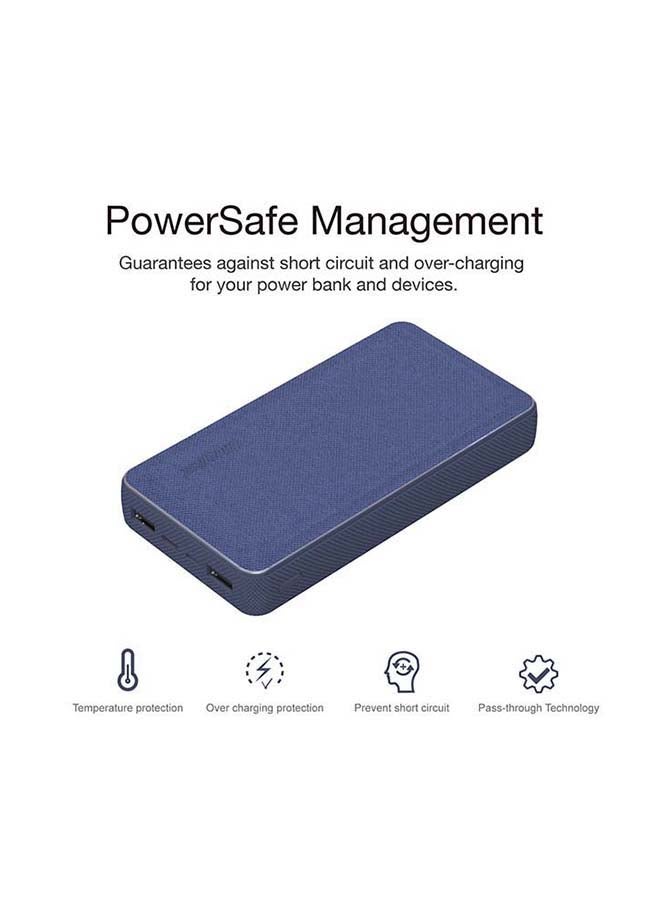 15000 mAh Max 2.1A Rapid Charging Premium Fabric Finish Power Bank With Dual Outputs And Type-C,Micro USB Inputs, PowerSafe Management Blue