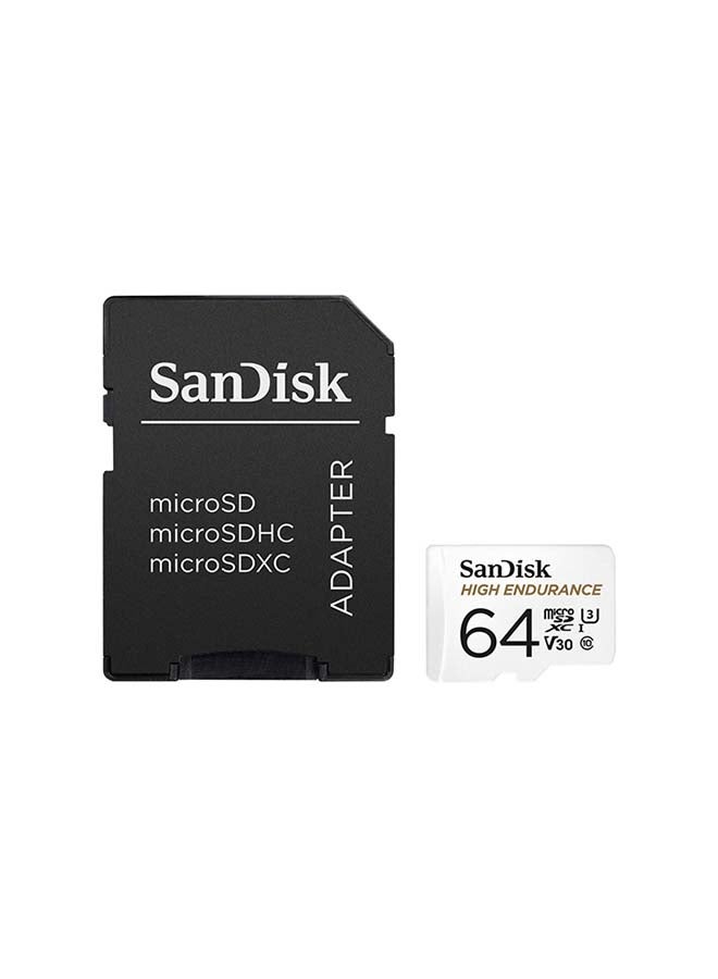 Sandisk High Endurance microSDXC + SD Adapter - for dash cams & home monitoring, up to 5,000 Hours, Full HD / 4K videos, up to 100/40 MB/s Read/Write speeds, C10, U3, V30 64 GB SDSQQNR-064G-GN6IA 64 GB  - Image 1