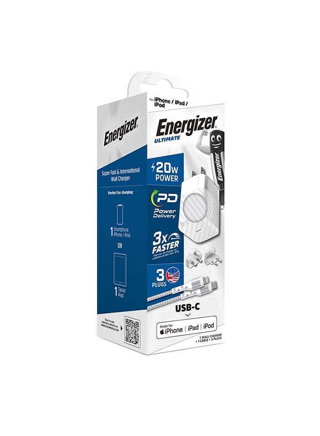 Energizer - Ultimate 20W PD iPhone Charger USB C With 1.2M Fast Lightning Cable Quick Charging USB-C Plug Compatible With New iPhone 14/14Pro/14Pro Max/14 Plus/13Pro Max /13 Pro/13/12/11/XS iPad Mini 6/ iPad Pro White - Image 1