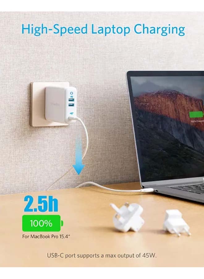 65W Powerport Charger, 3 Port Plugs White