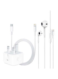 مجموعة من 3 قطع من محول طاقة USB-C بقدرة 20 وات وسماعات إيربودز مع موصل Lightning وكابل من USB-C إلى Lightning بطول 1 متر أبيض