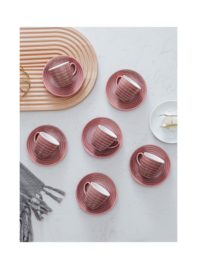 Shuer - 12-Piece Kiln Variable Glaze Round Linear Ceramic Cup And Saucer Pink 9x5.4x5.4cm - Image 1