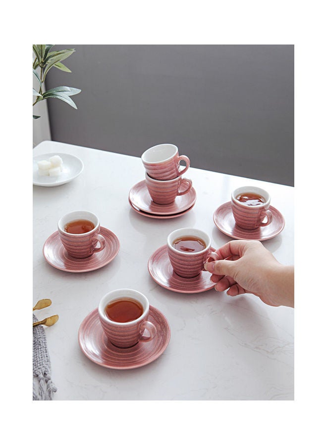 Shuer - 12-Piece Kiln Variable Glaze Round Linear Ceramic Cup And Saucer Pink 9x5.4x5.4cm - Image 1