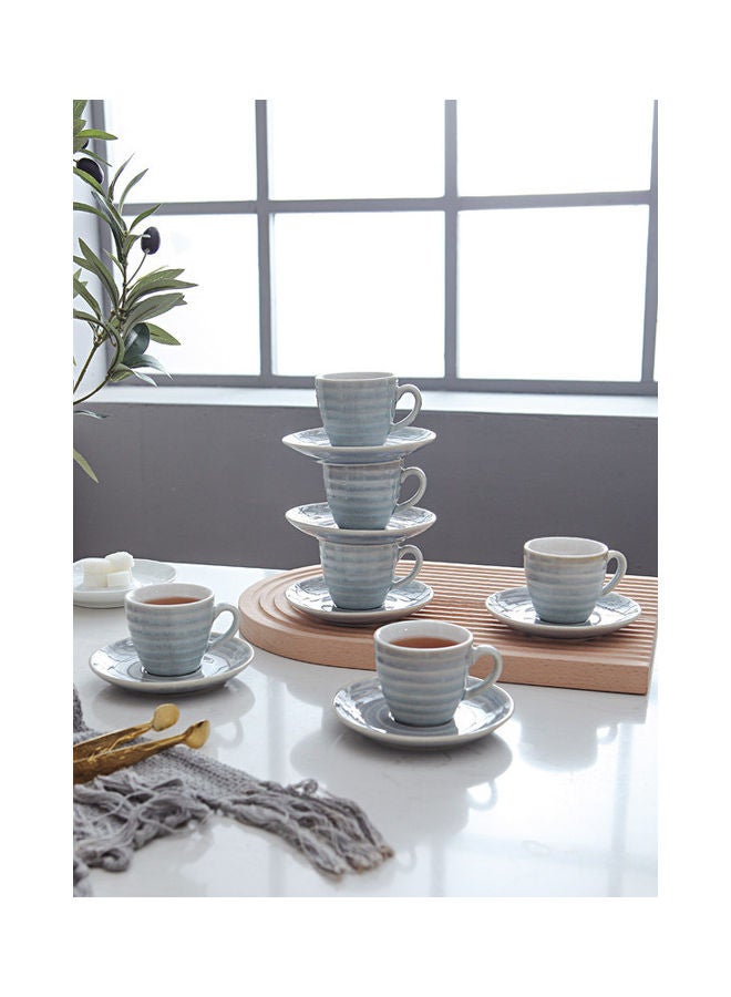 Shuer - 12-Piece Kiln Variable Glaze Round Linear Ceramic Cup And Saucer Light Blue 9x5.4x5.4cm - Image 1