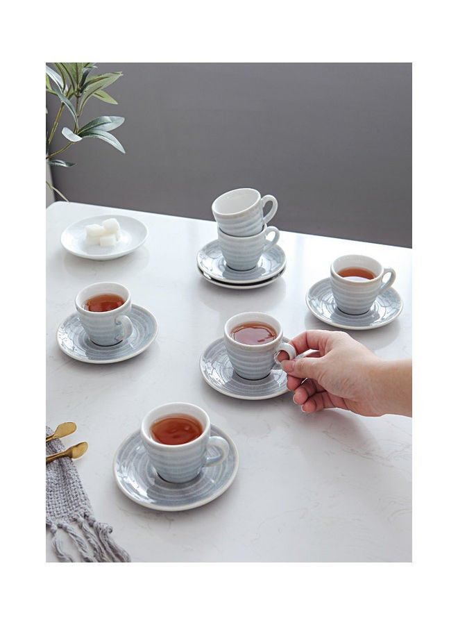 Shuer - 12-Piece Kiln Variable Glaze Round Linear Ceramic Cup And Saucer Light Blue 9x5.4x5.4cm - Image 1