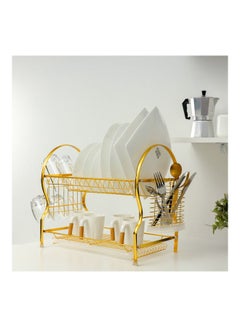 Royalford 2-Layer Strong Finish Dish Rack With Attached PP Drain Board Gold 44x26.5x39cm  - Image 3