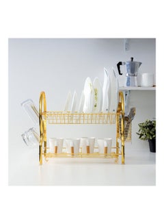 Royalford 2-Layer Strong Finish Dish Rack With Attached PP Drain Board Gold 44x26.5x39cm  - Image 2