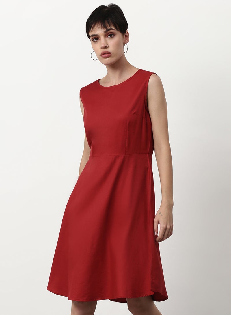 ABOF Solid Pattern Regular Fit Knee Length Dress Maroon  - Image 1