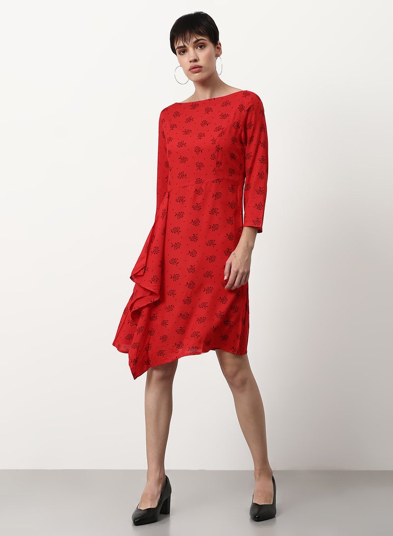 ABOF Floral Printed Regular Fit Knee Length Dress Red  - Image 1