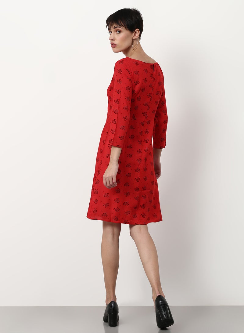 ABOF Floral Printed Regular Fit Knee Length Dress Red  - Image 2